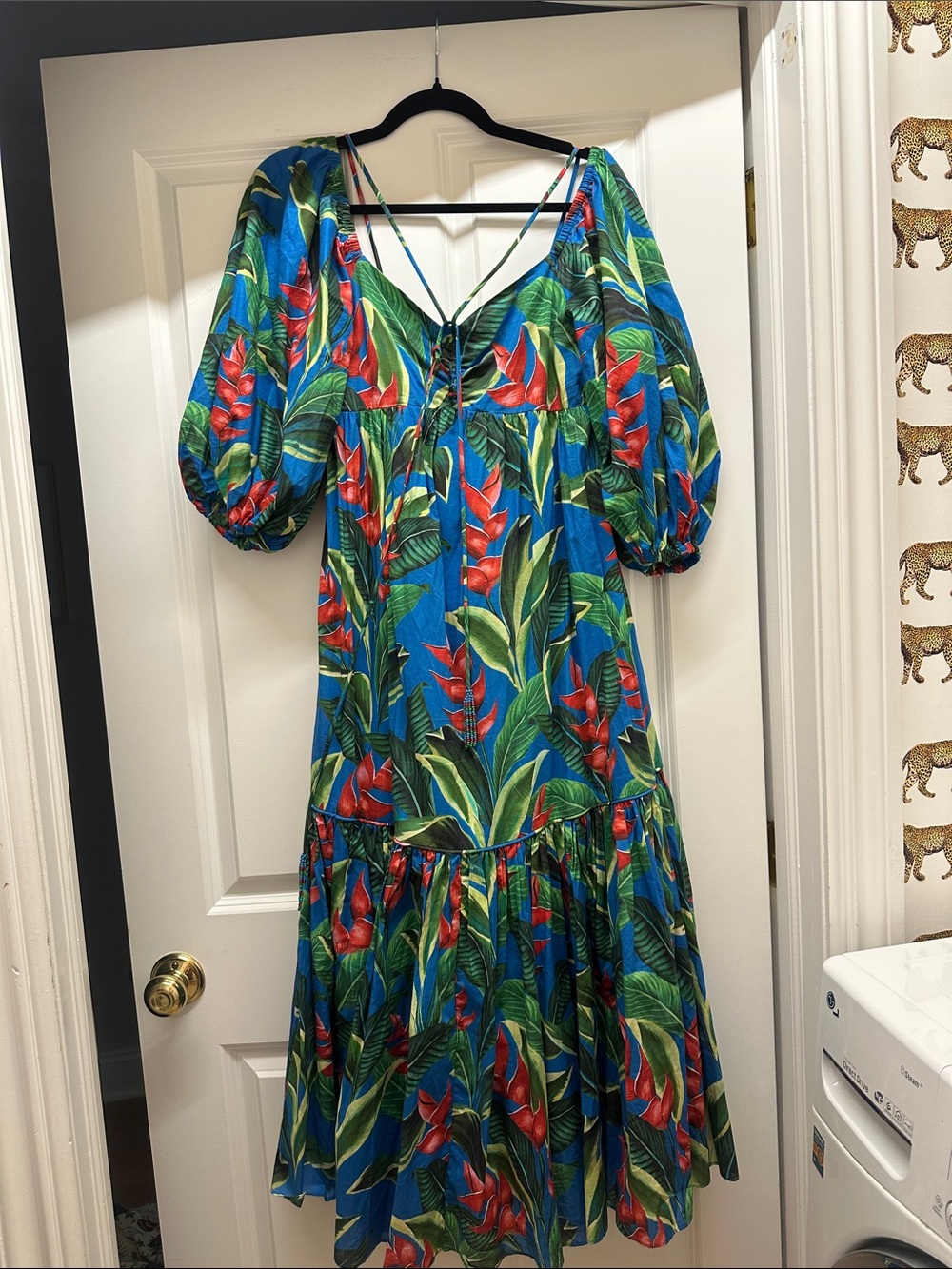 FARM Rio Blue Tropical Maxi Dress with Red & Green Floral Print